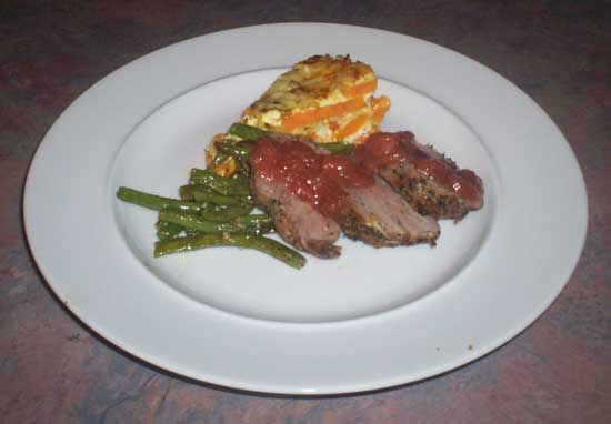 Pan Seared Pork Tenderloin, Sweet Potato Gratin, and Oven Roasted Green Beans