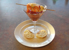 Bloody Mary Soup Shots with Shrimp and Pickled Vegetables