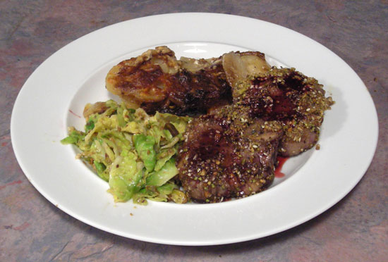 Dukkah-Crusted Lamb Chops with Pomegranate Molasses, Potatoes Gratin, and Brussels Sprouts